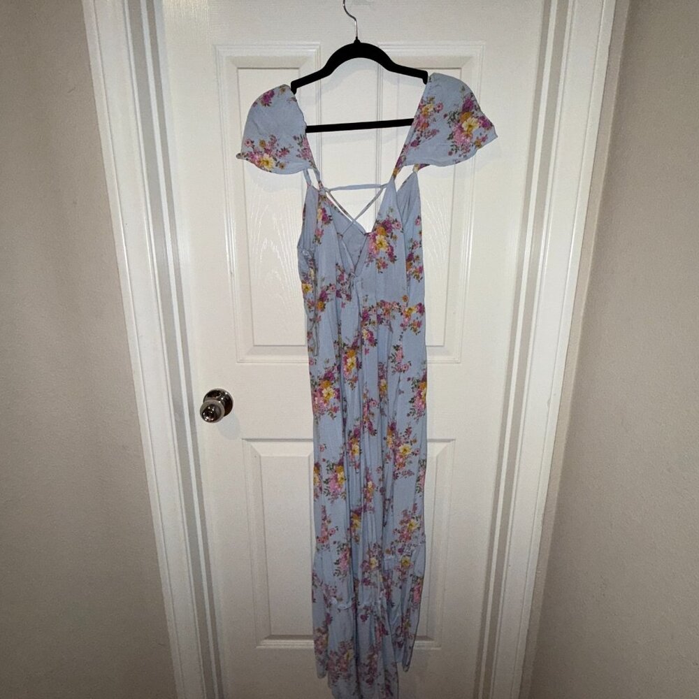 NWT REWIND L ROBIN BLUE PINK FLORAL HI-LOW SIDE SLIT TIE BACK LACE UP MAXI DRESS